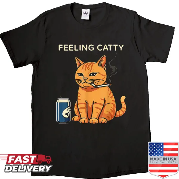 Funny cartoon cat smoking and drinking graphic shirt.