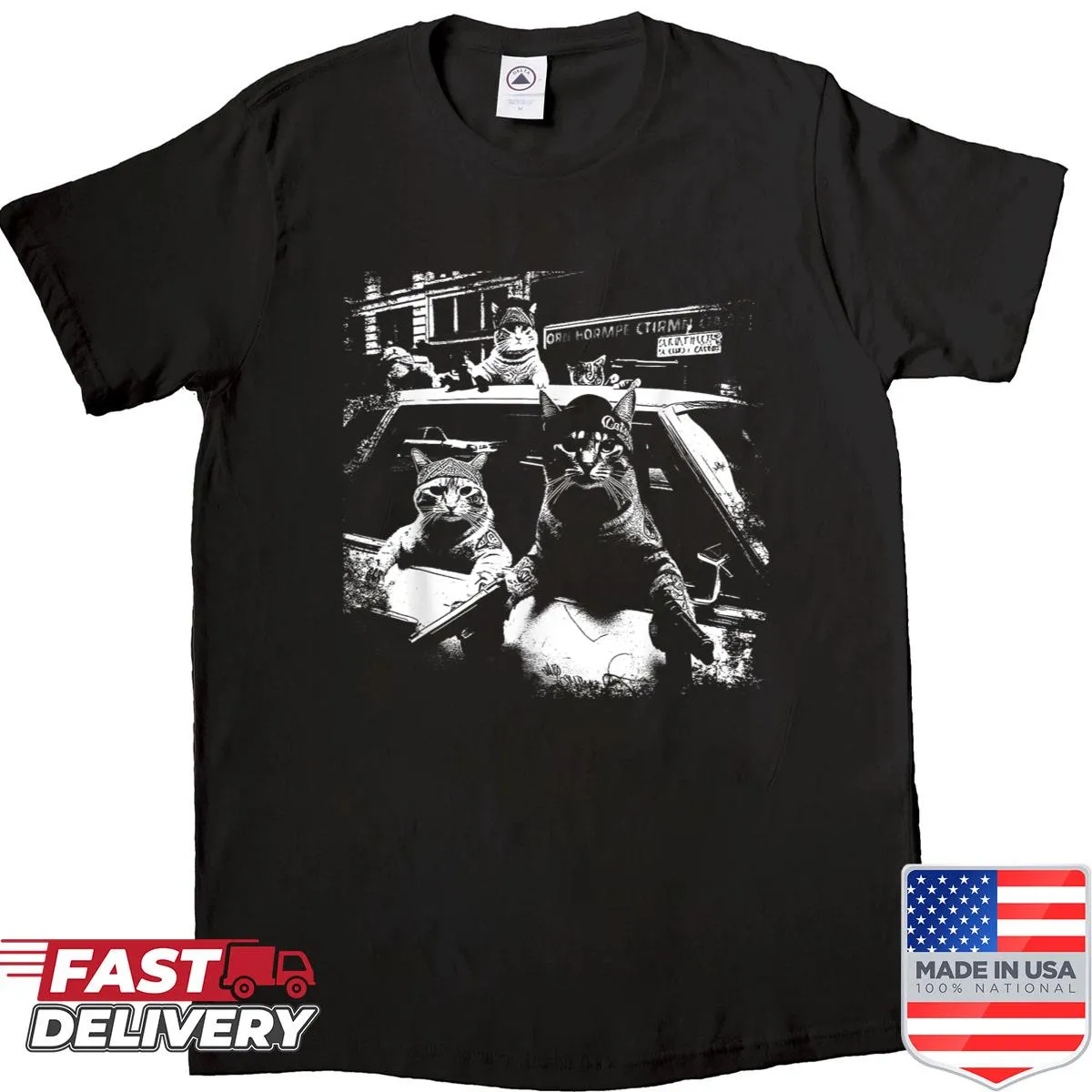 Vintage-style Cat Meme shirt with playful cat graphics and text