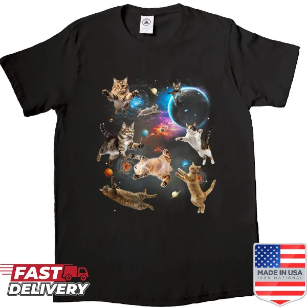 Vintage-style t-shirt with cats floating in a galaxy
