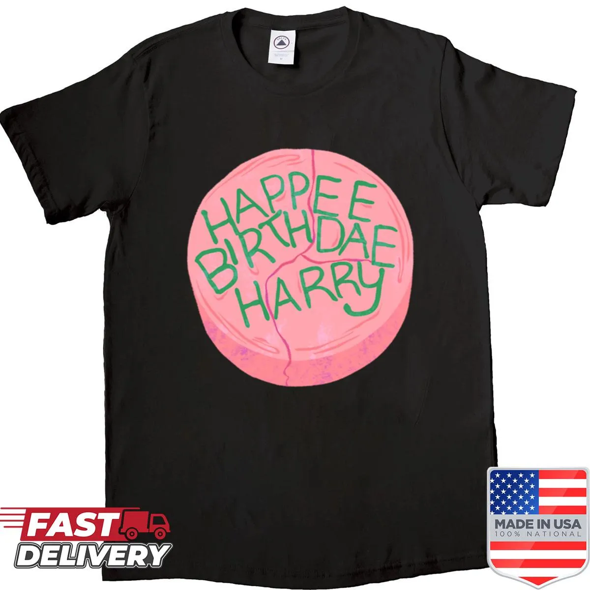 Whimsical birthday cake graphic shirt.