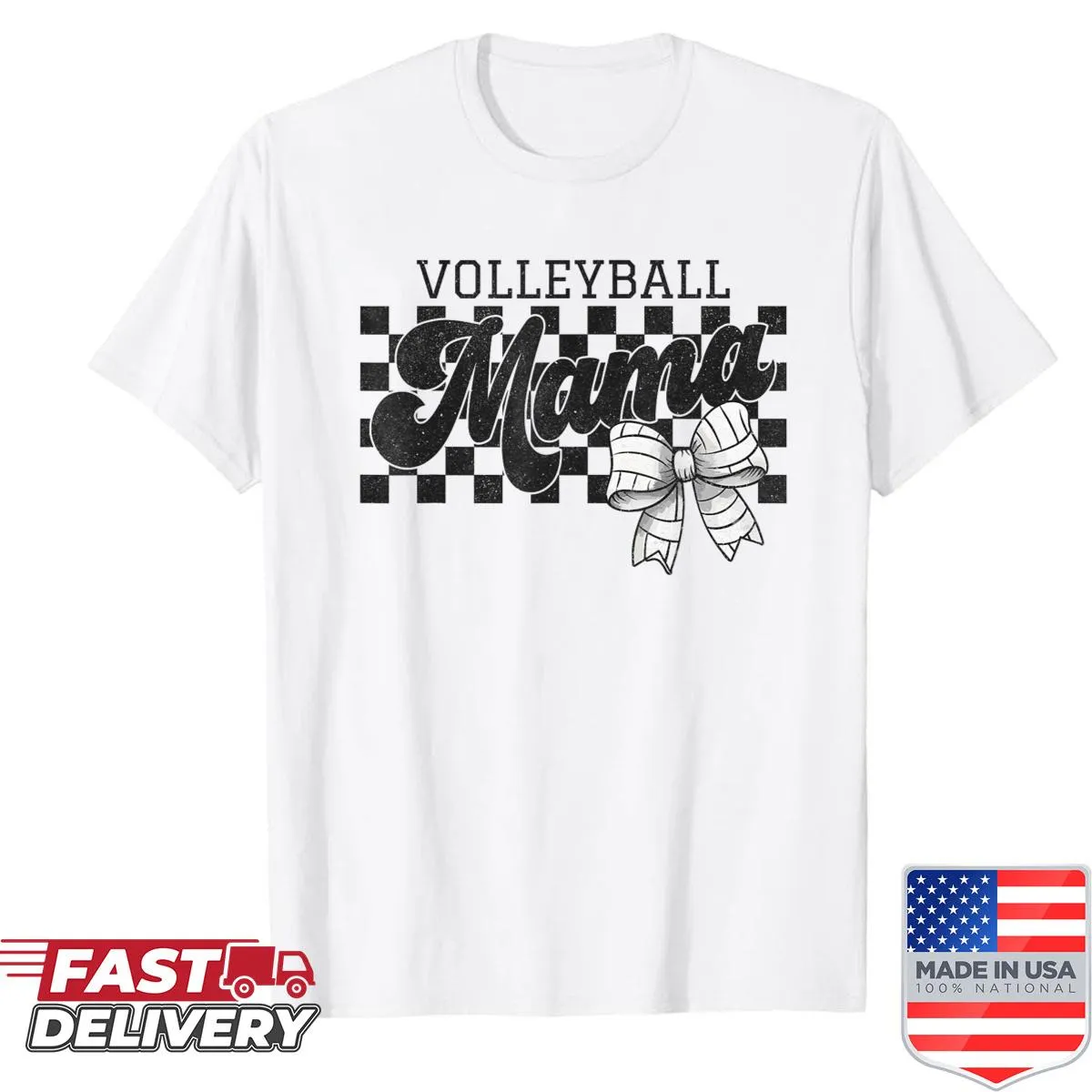 Checkered volleyball mom shirt with bow graphic