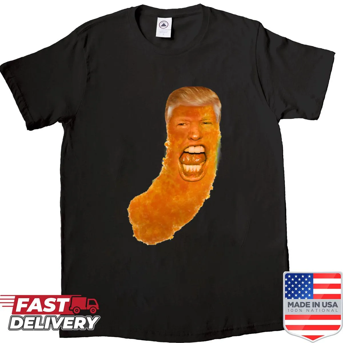Cheeto Trump graphic T-shirt with humorous text design