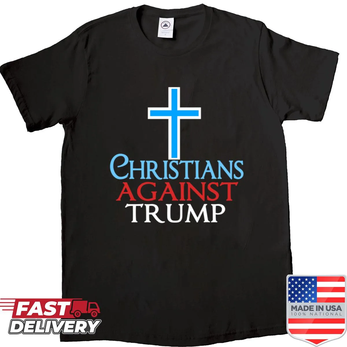 Bold graphic shirt with anti-Trump message