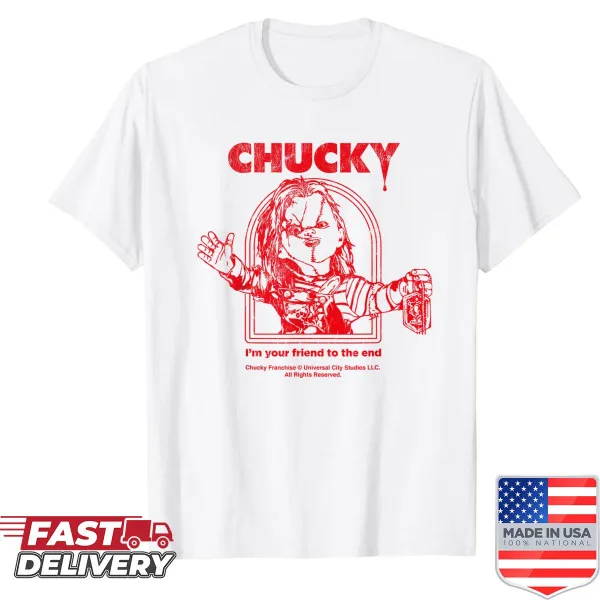 Chucky graphic Halloween shirt with iconic phrase