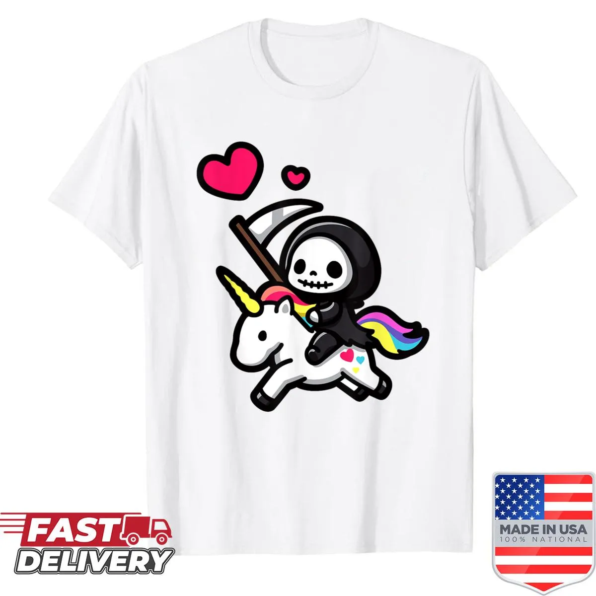 Kawaii unicorn and grim reaper cartoon graphic t-shirt