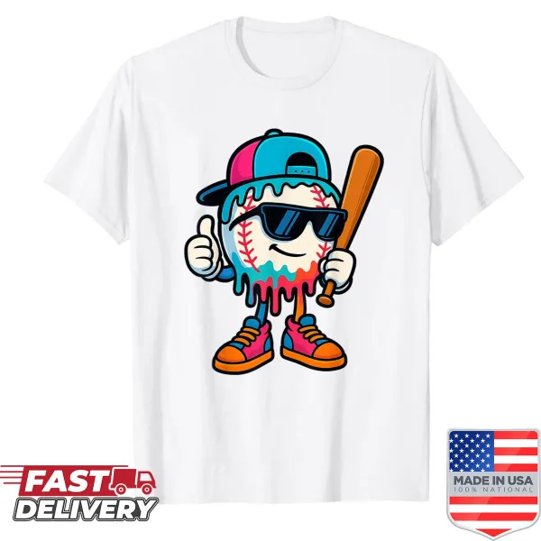 Cartoon shirt with a baseball and ice cream drip design for kids