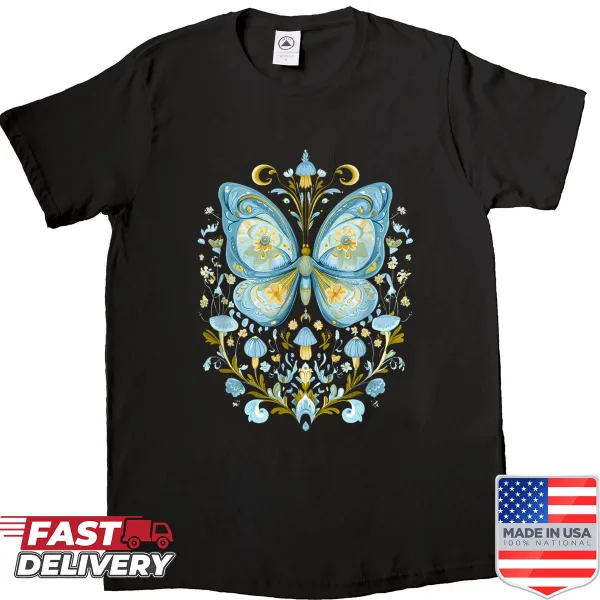 Watercolor shirt featuring butterfly and botanical motifs