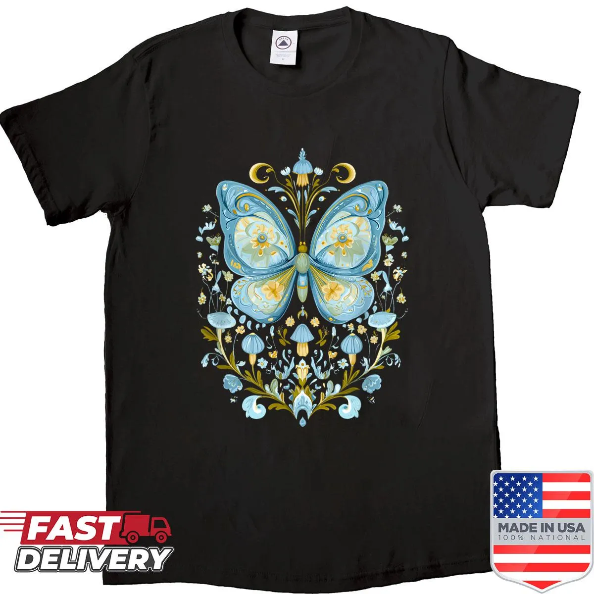 Watercolor shirt featuring butterfly and botanical motifs