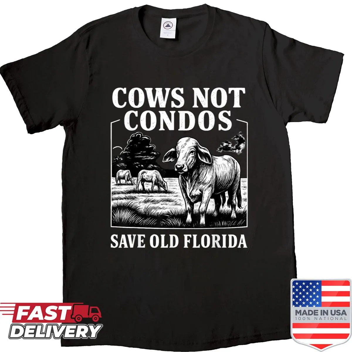 Vintage-style shirt with the phrase 'Cows Not Condos' for farmers