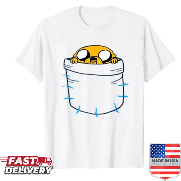 Jake from Adventure Time peeking out of a pocket illustration.