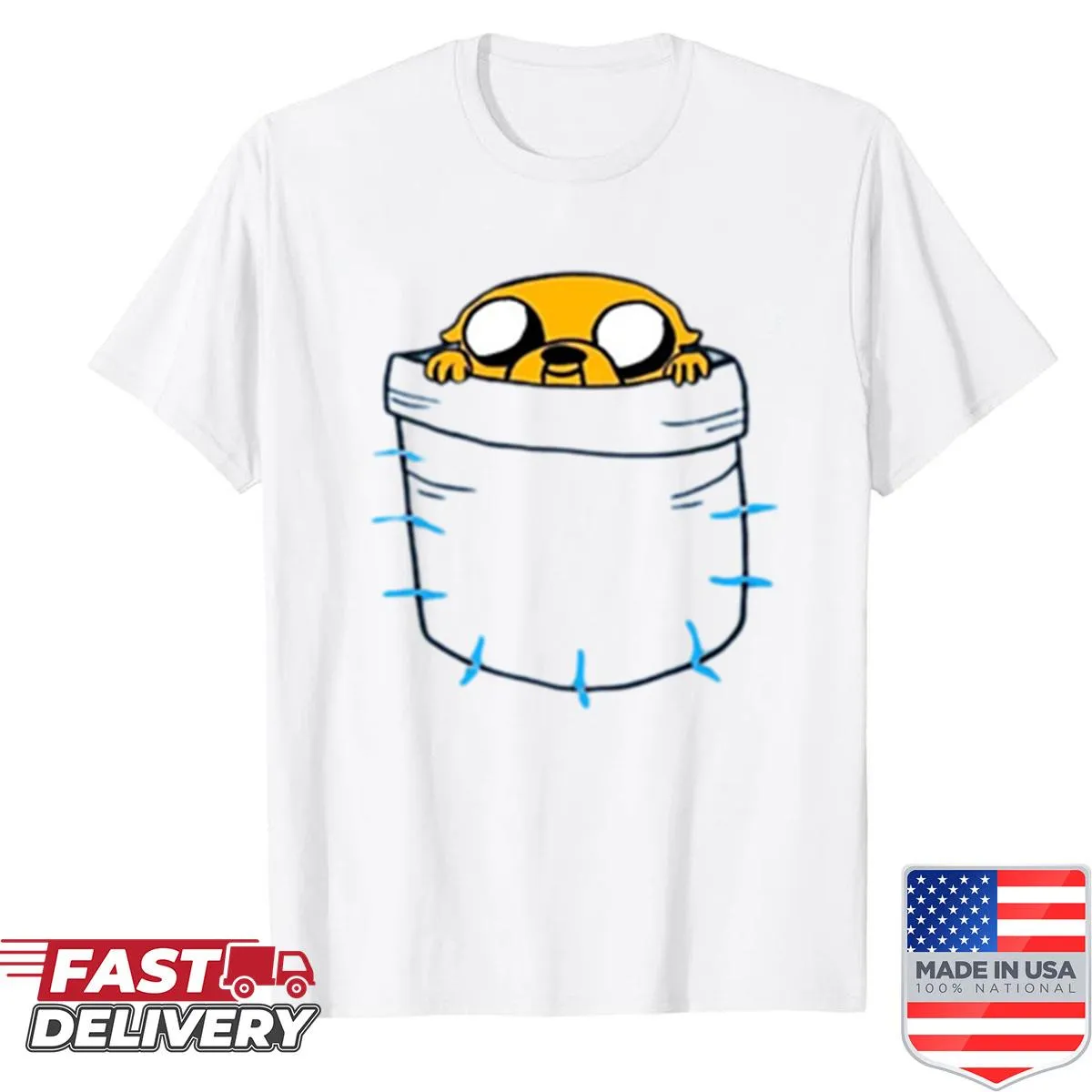 Jake from Adventure Time peeking out of a pocket illustration.