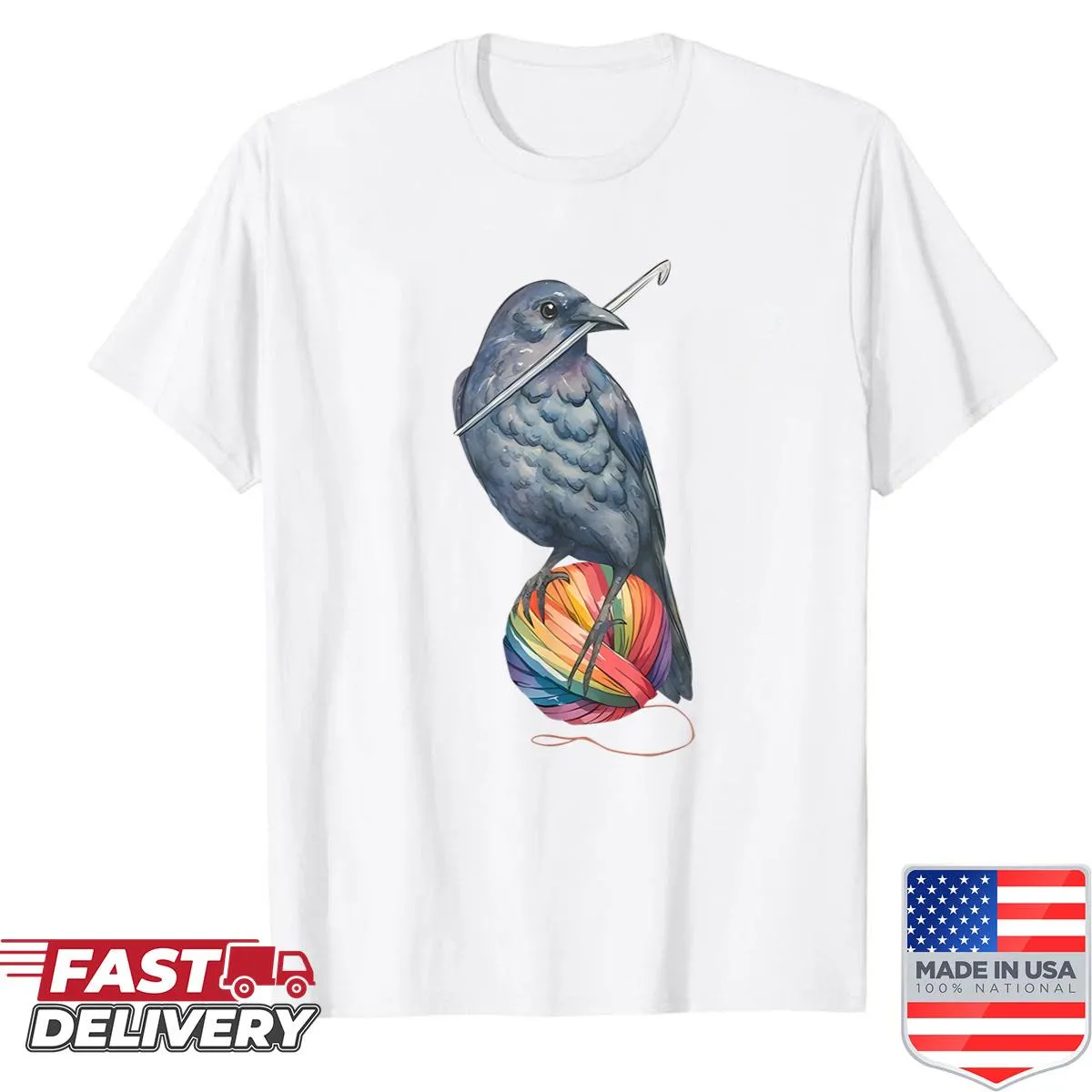 Cartoon shirt featuring a crow and a yam for knitting enthusiasts