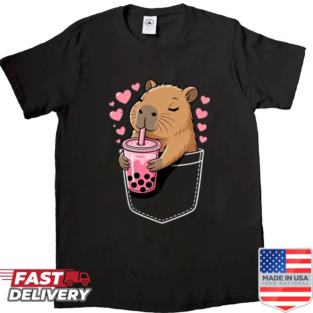 Kawaii capybara with bubble tea in a pocket graphic