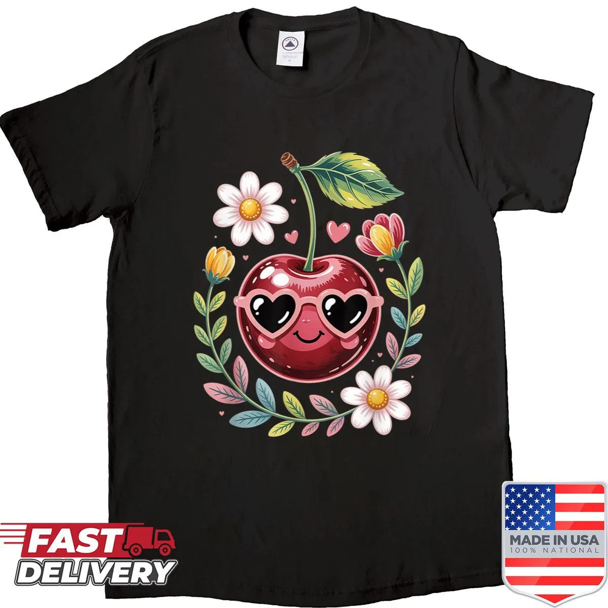 Cute cherry with flower graphic t-shirt for women and girls.