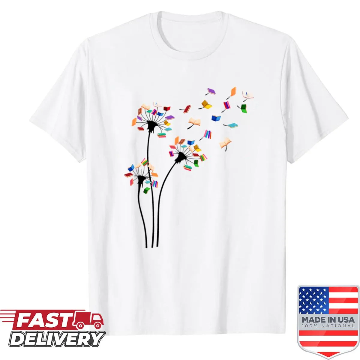 Adorable dandelion and book illustration on a shirt for reading lovers