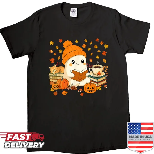 Adorable ghost reading graphic for book lovers on Halloween shirt