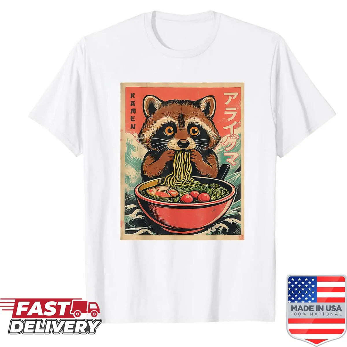 Kawaii raccoon eating ramen cartoon design on a children's t-shirt