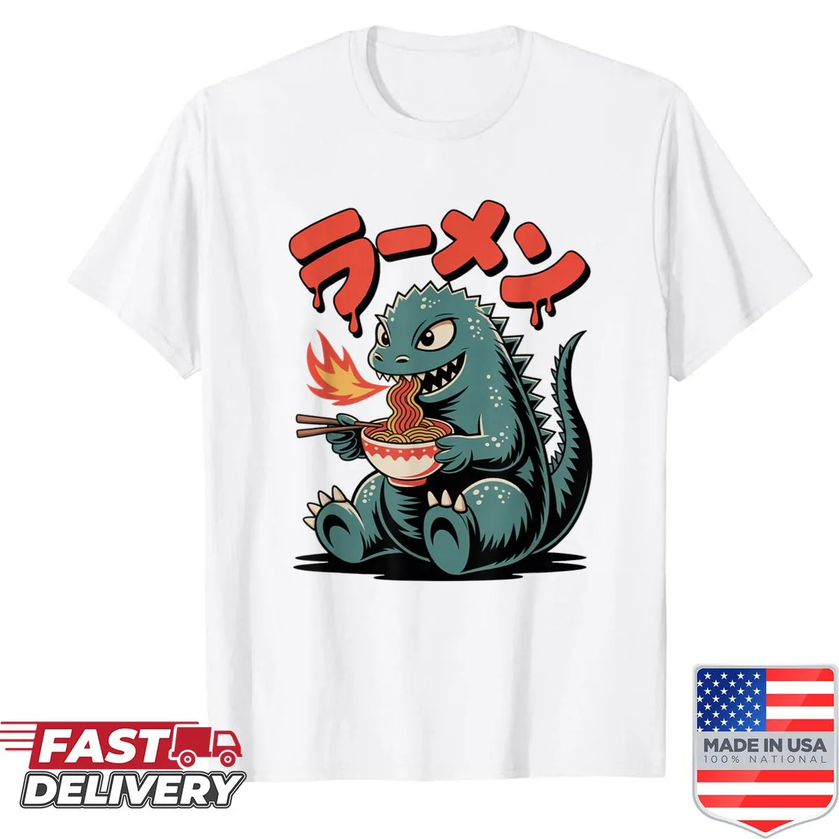 Cute kaiju enjoying ramen design on a fun food-themed shirt.