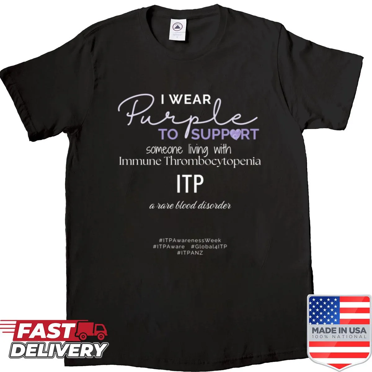 Text graphic supporting ITP awareness on a shirt