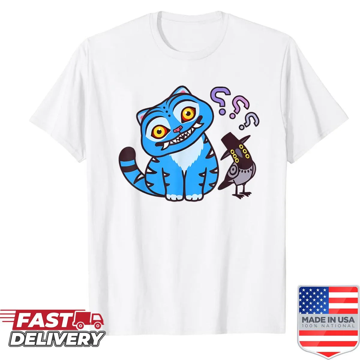 Cartoon T-shirt featuring a derpy tiger and Sussie bird