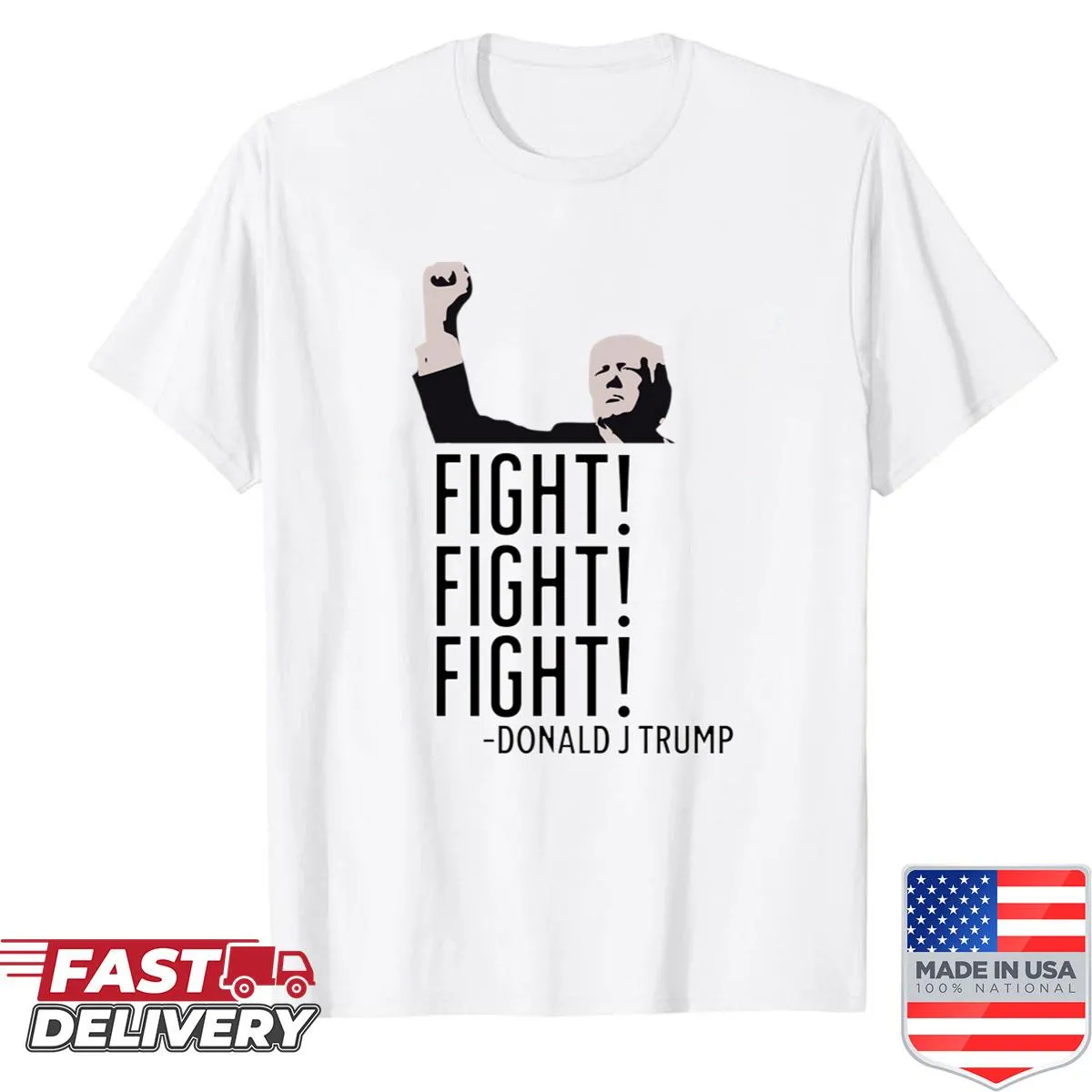 Rally chant graphic on a Donald Trump T-shirt