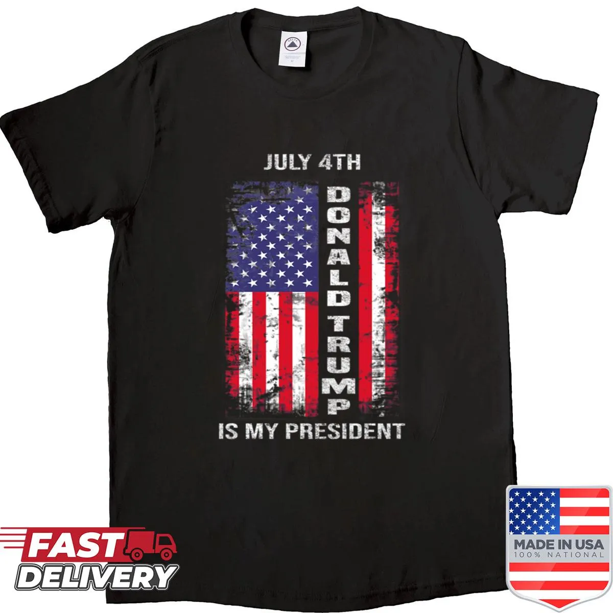 Patriotic shirt featuring Donald Trump and the USA flag for Fourth of July.