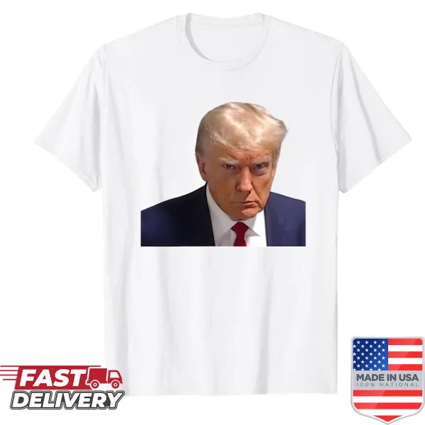 Funny mugshot shirt featuring Trump with text 'Never Surrender' and 'Not Guilty'