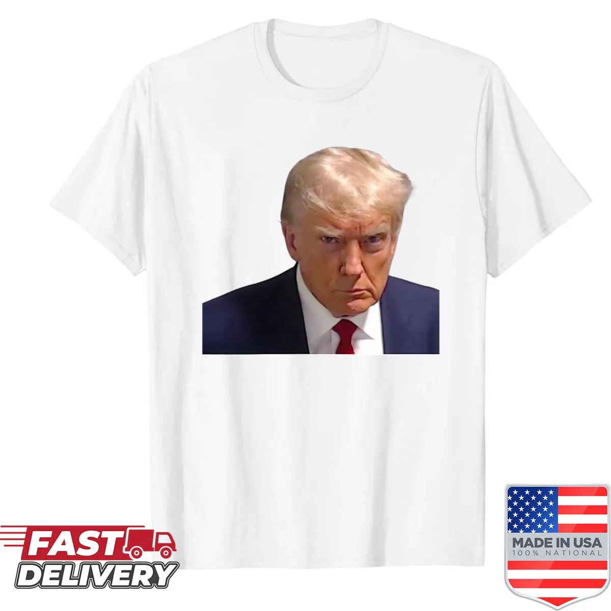 Funny mugshot shirt featuring Trump with text 'Never Surrender' and 'Not Guilty'