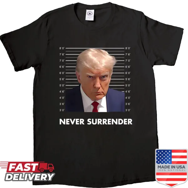 Humorous Trump mugshot shirt with 'Not Guilty' text