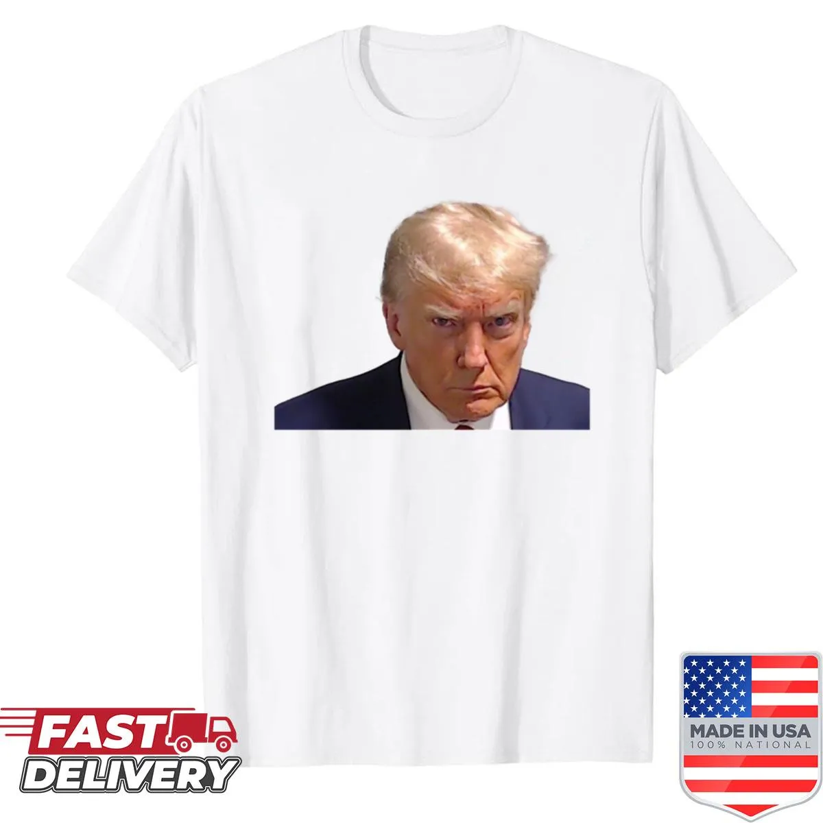 T-shirt featuring a humorous caricature of Donald Trump's mugshot.