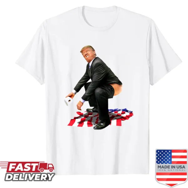 Graphic shirt depicting Donald Trump humorously interacting with the American flag