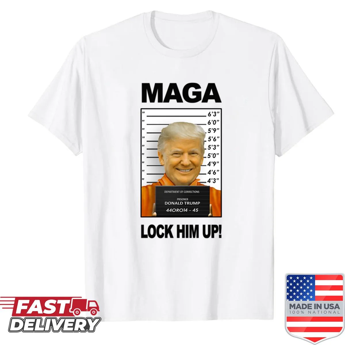 Oversized shirt with Donald Trump's prison mugshot and 'Moron 45' text