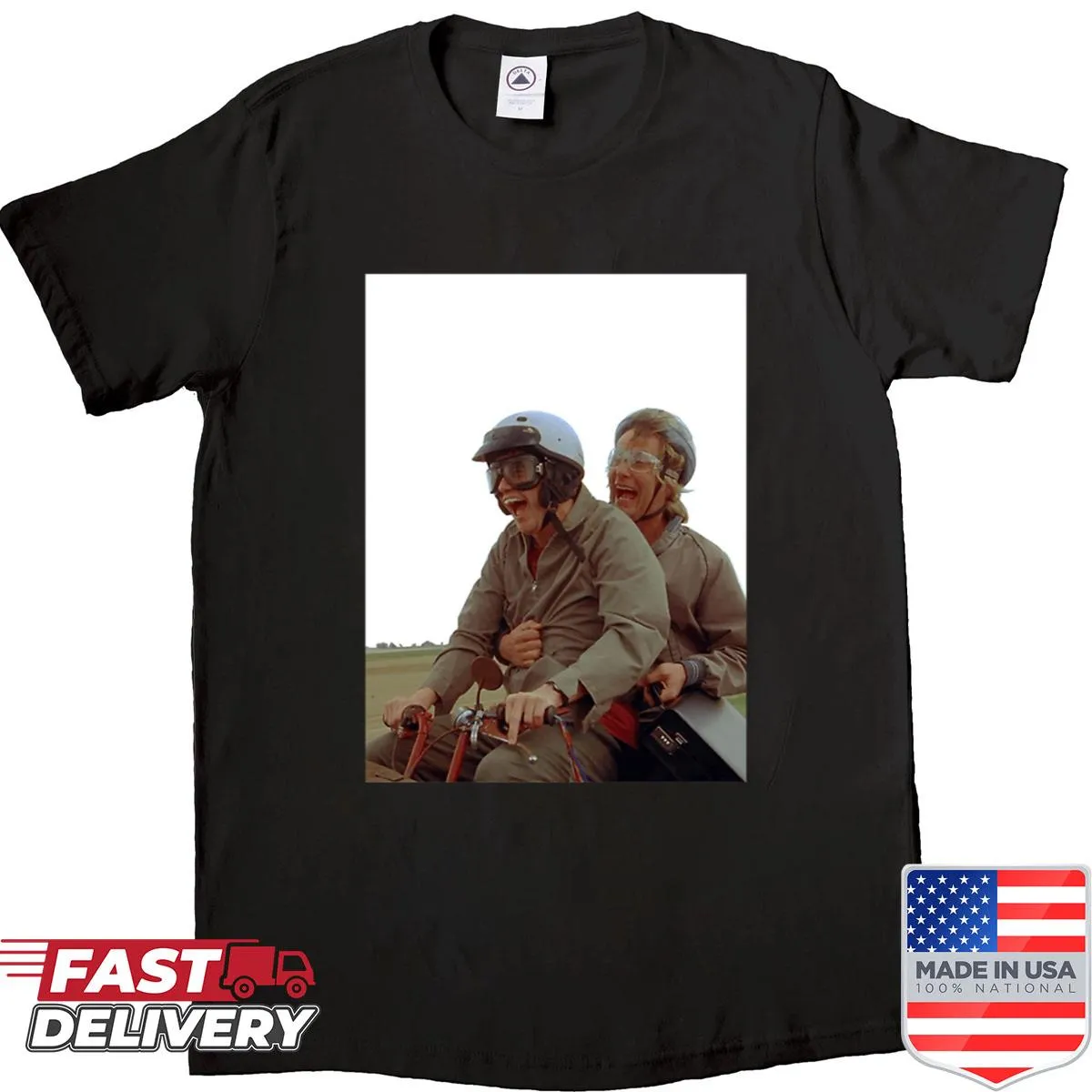 Graphic of Dumb and Dumber bike ride scene on a T-shirt