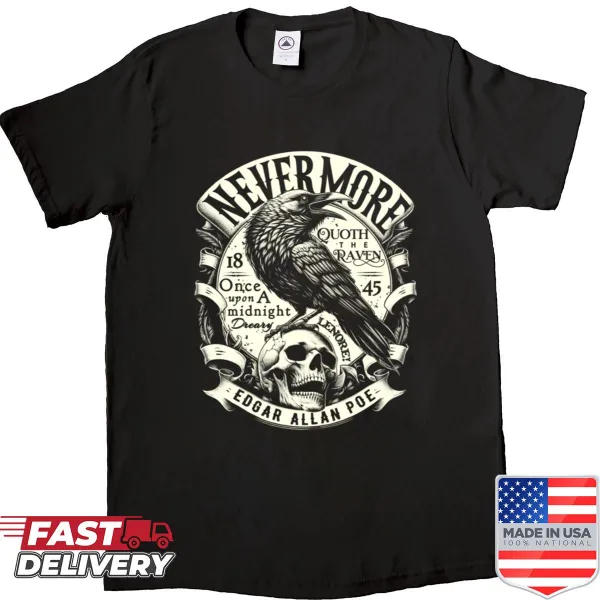 Shirt featuring an illustration with the quote 'Quoth The Raven, Nevermore'