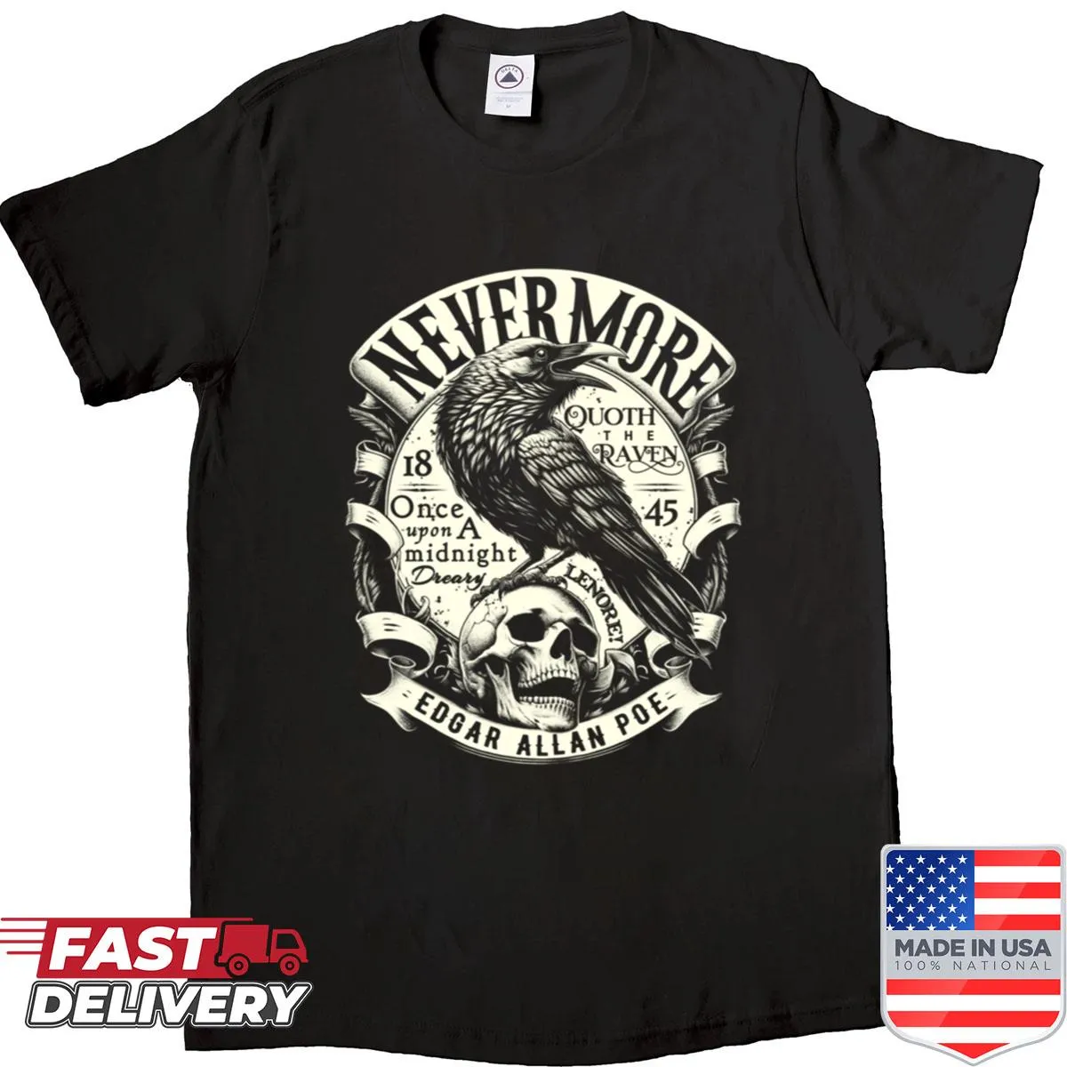 Shirt featuring an illustration with the quote 'Quoth The Raven, Nevermore'