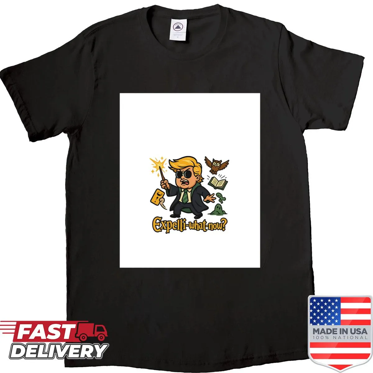 Graphic shirt with the phrase 'Expelling What Now?' in bold typography