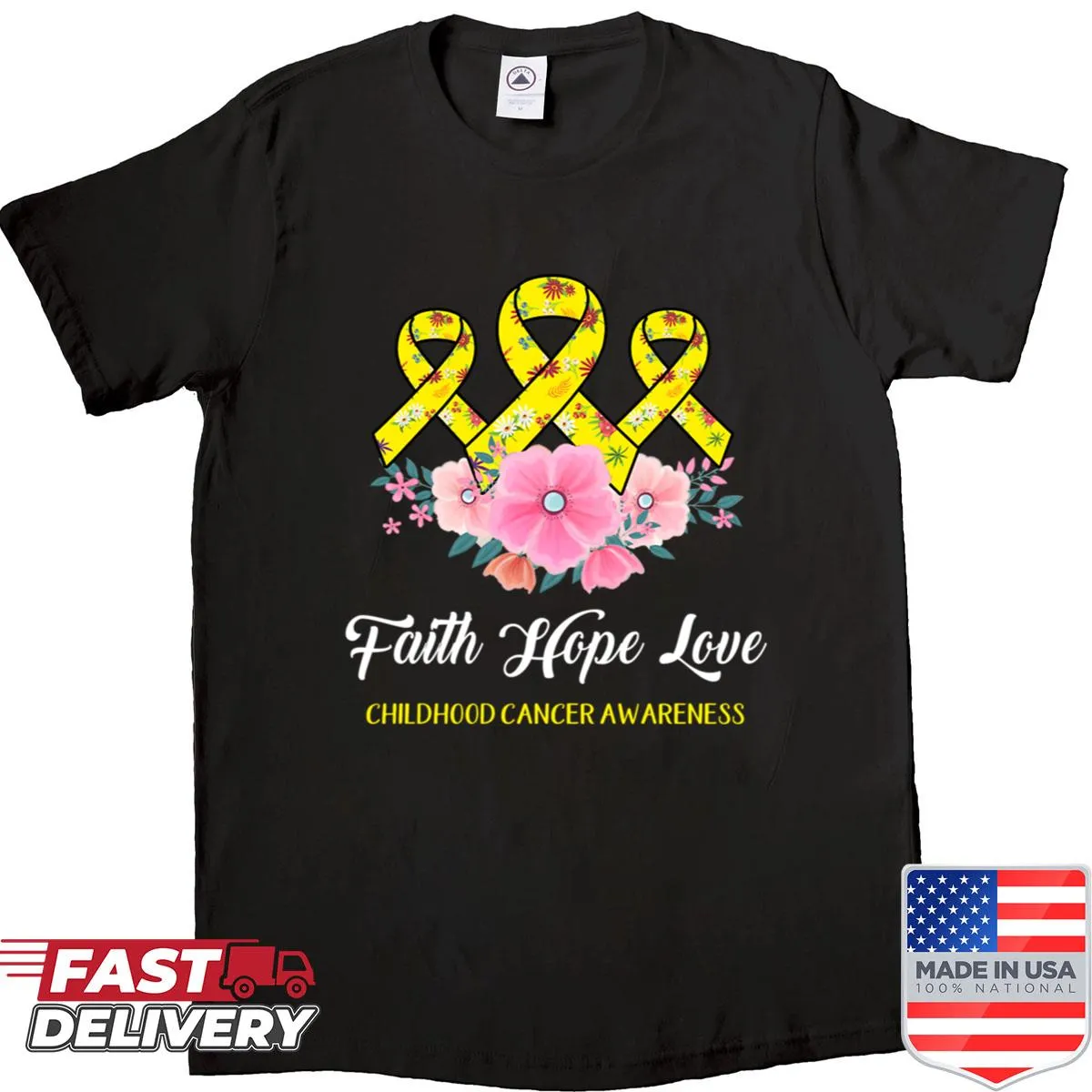 Childhood Cancer Awareness shirt with 'Faith Hope Love' text