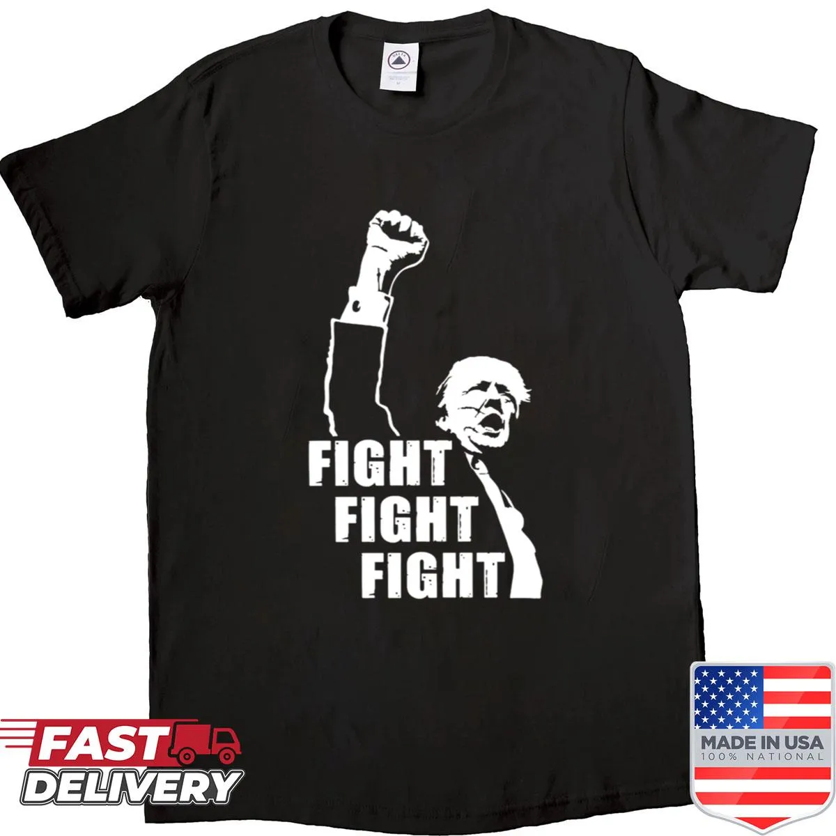 Bold typography shirt with the phrase 'Fight Fight Fight 2024 Donald Trump'