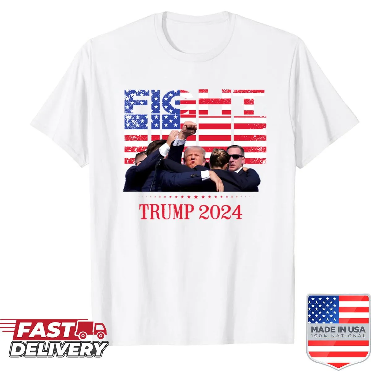 Oversized shirt with bold political text regarding Trump