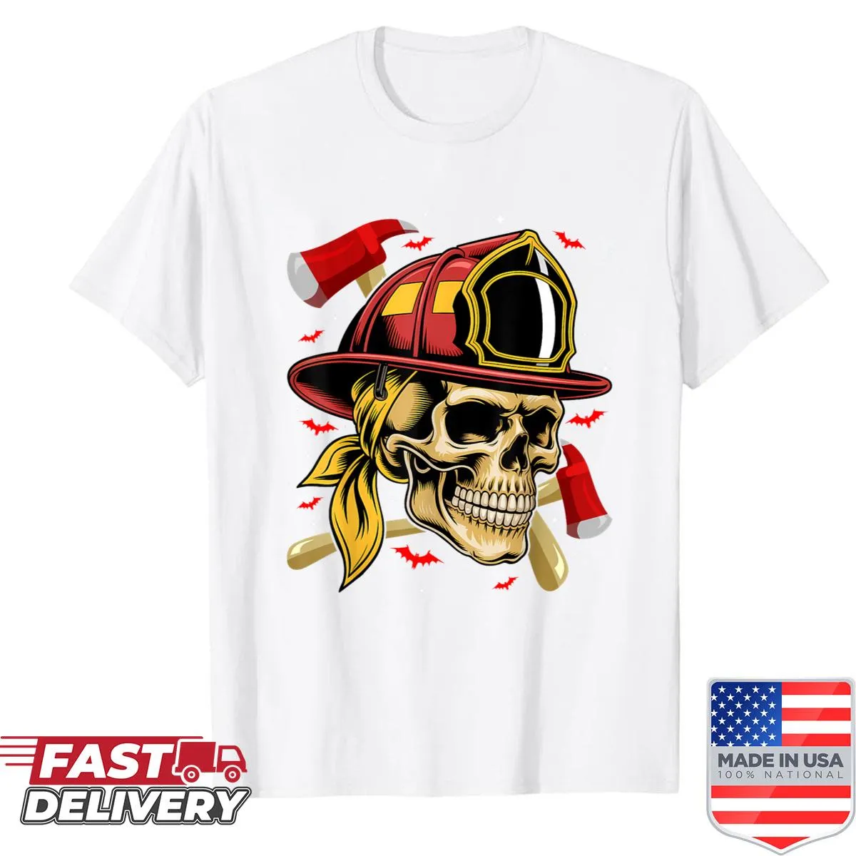 Skeleton firefighter skull graphic for Halloween costume shirt