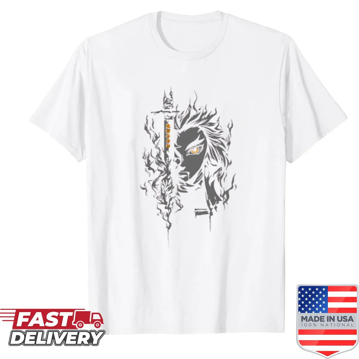 Illustration of Flame Hashira Rengoku in action on a shirt