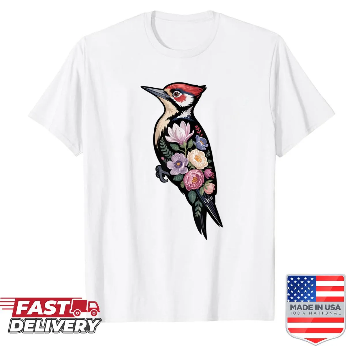 Illustration of woodpecker with floral accents