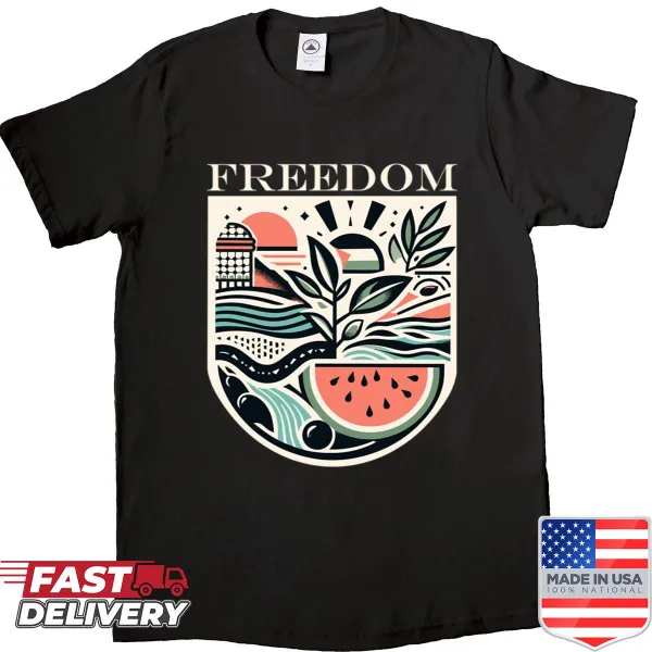 Shirt featuring watermelon, olive, and Keffiyeh flag design