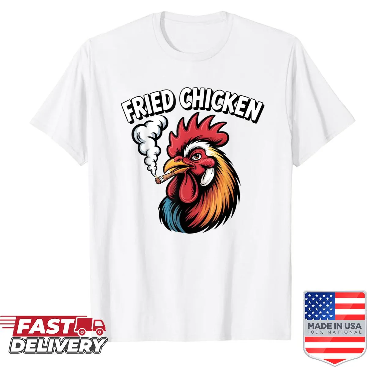 Cartoon fried chicken graphic with stoner humor on a t-shirt