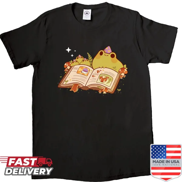 Cartoon shirt of a frog in a potion class with magical elements.