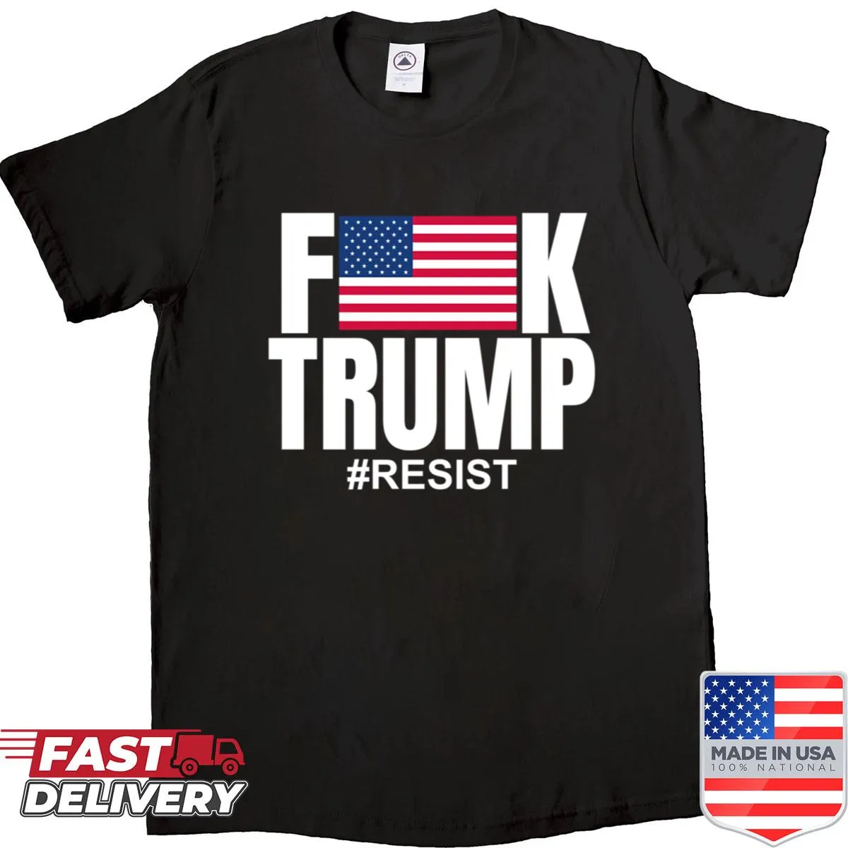 Political shirt with the phrase 'Fuck Trump' and American flag