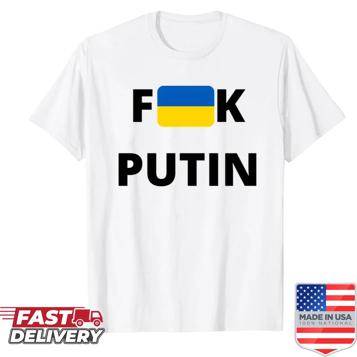 Oversized t-shirt with provocative text and Ukraine flag graphic