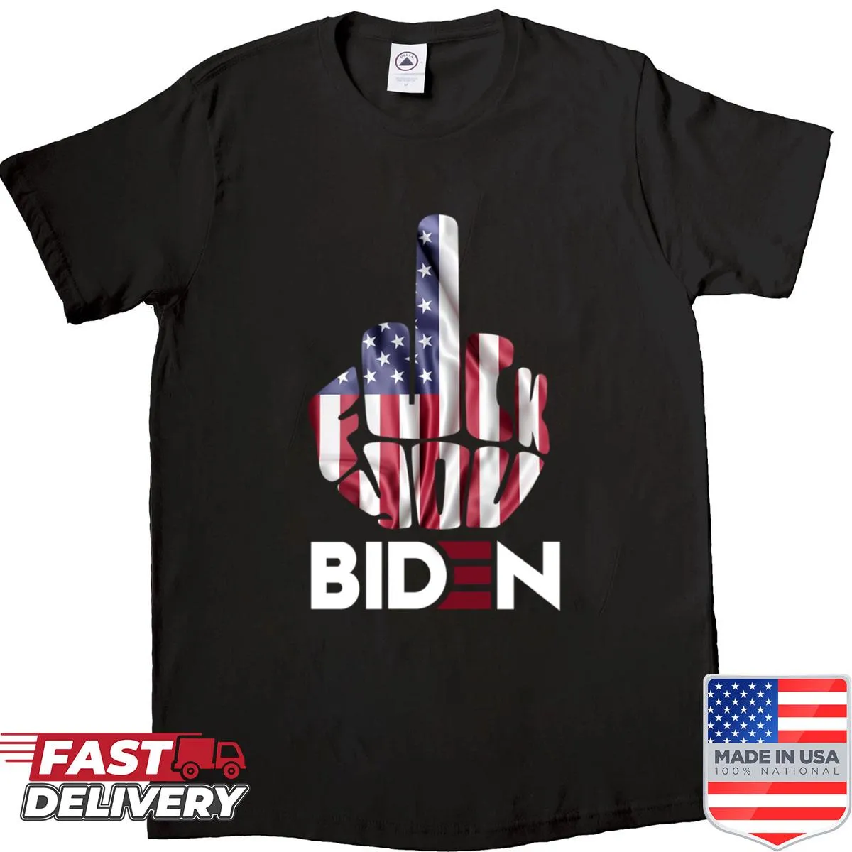 Graphic shirt with an anti-Biden message and American flag.