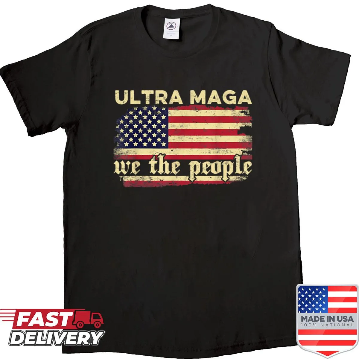 Vintage-style T-shirt featuring American flag and 'Fun Ultra Maga'