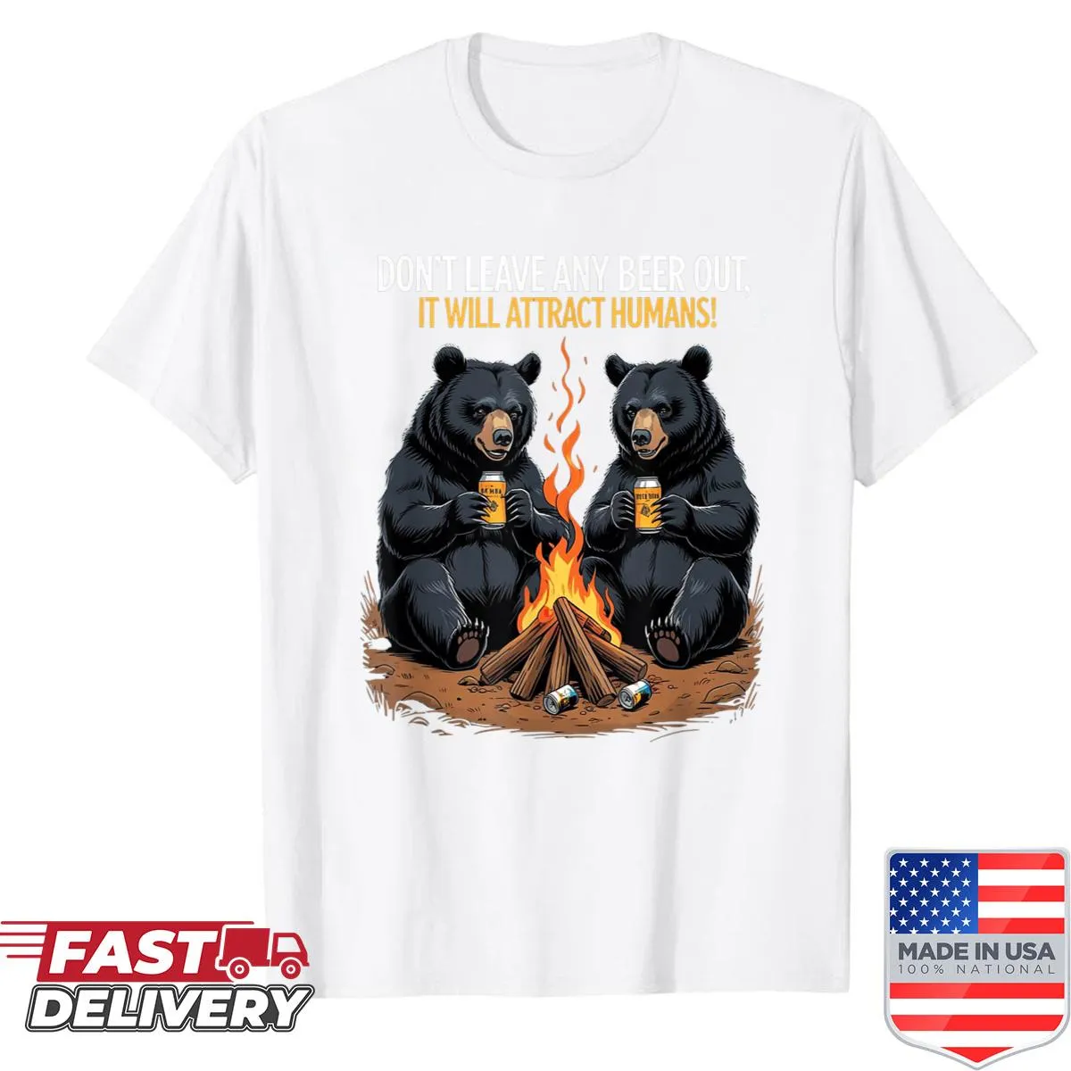 Illustration of a bear with beer at a campsite on a humorous shirt.